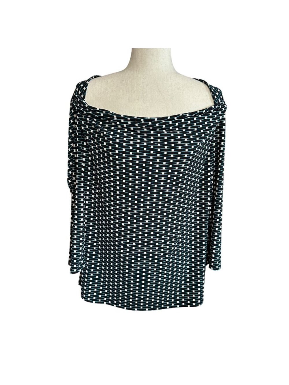 Liz Claiborne Shirt Women XL Black Geometric Print 3/4 Sleeves Workwear